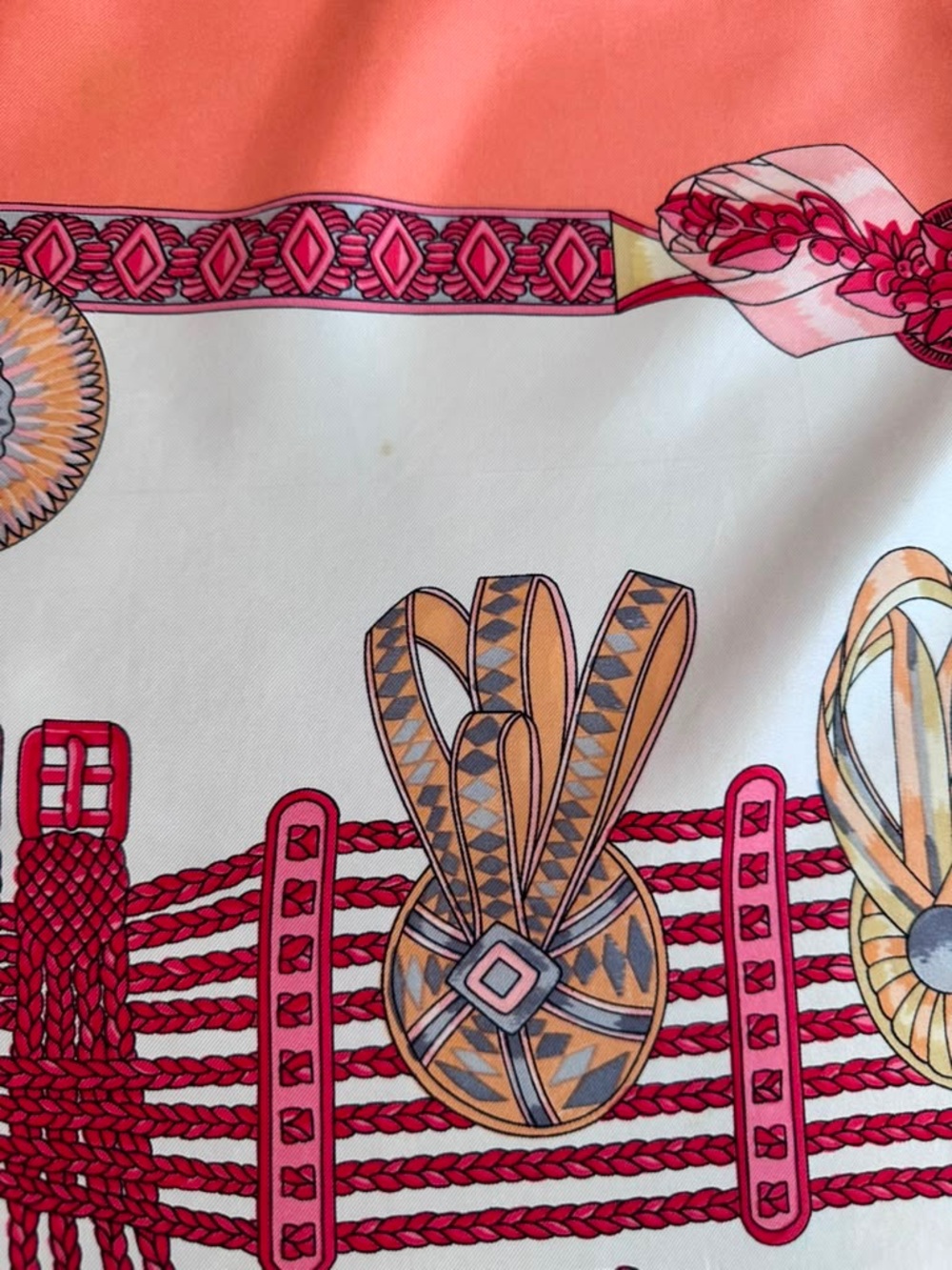 Hermes Coral, Cream & Red Ribbon Motif Silk Scarf - Picture 13 of 14